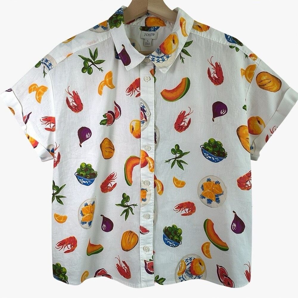 J.Crew Statement Button Up Blouse Sz L White Shrimp Linen Blend Fruit Print